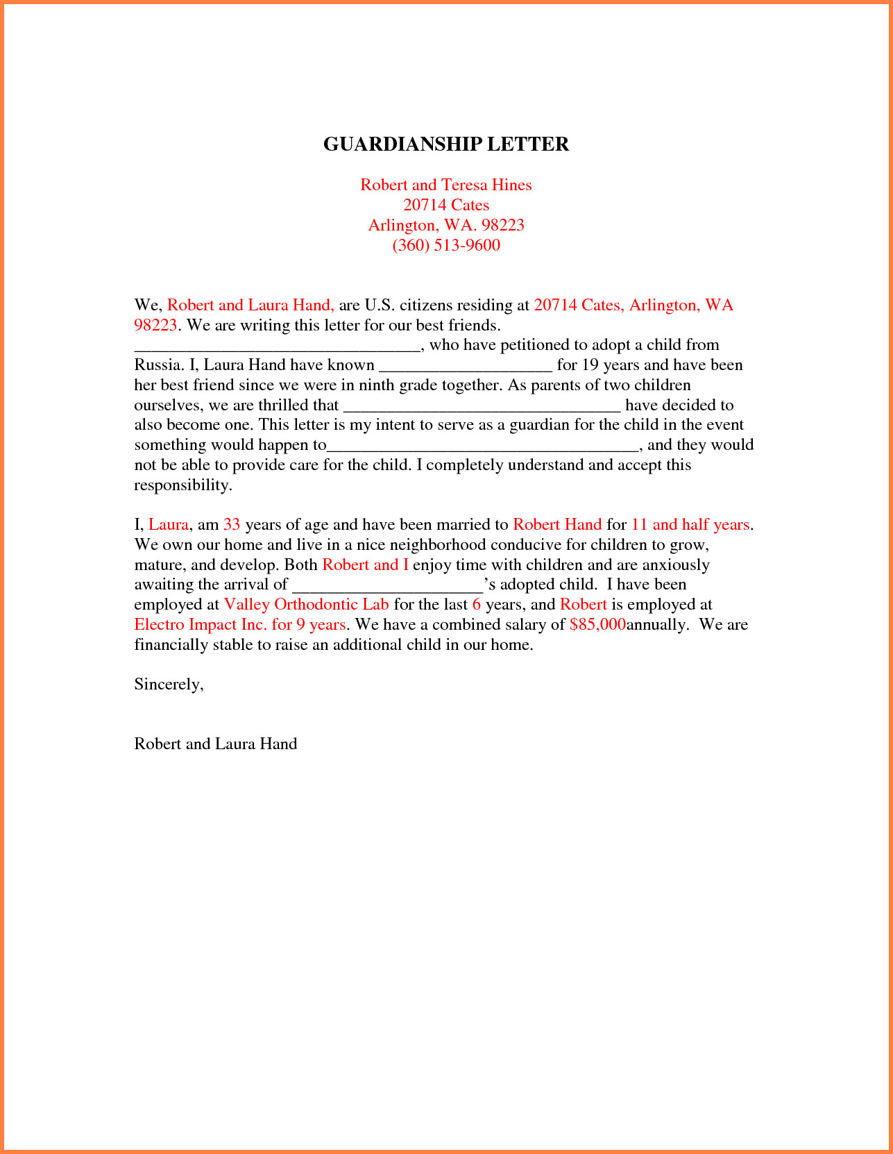 Letter Of Guardianship Template