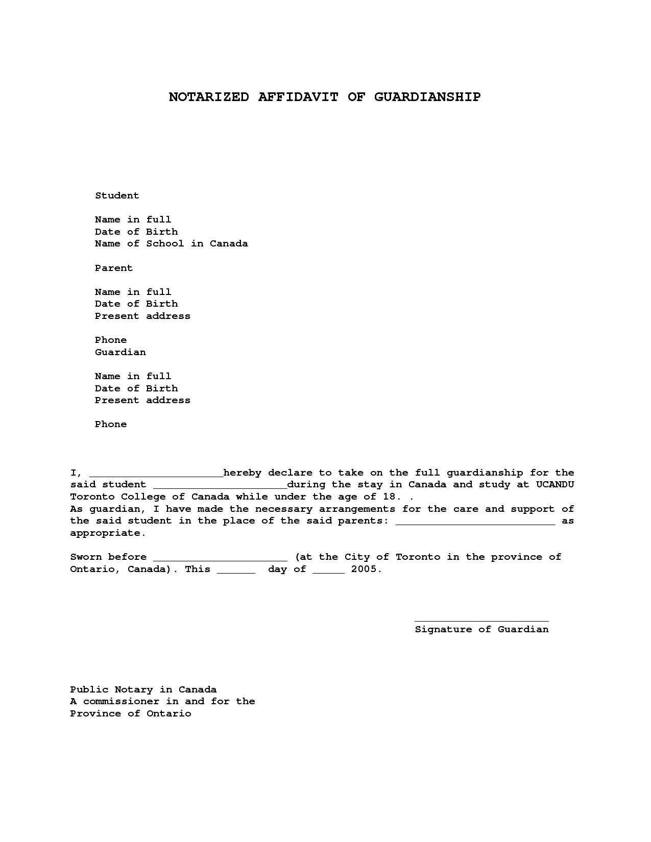 notarized letter of guardianship samples