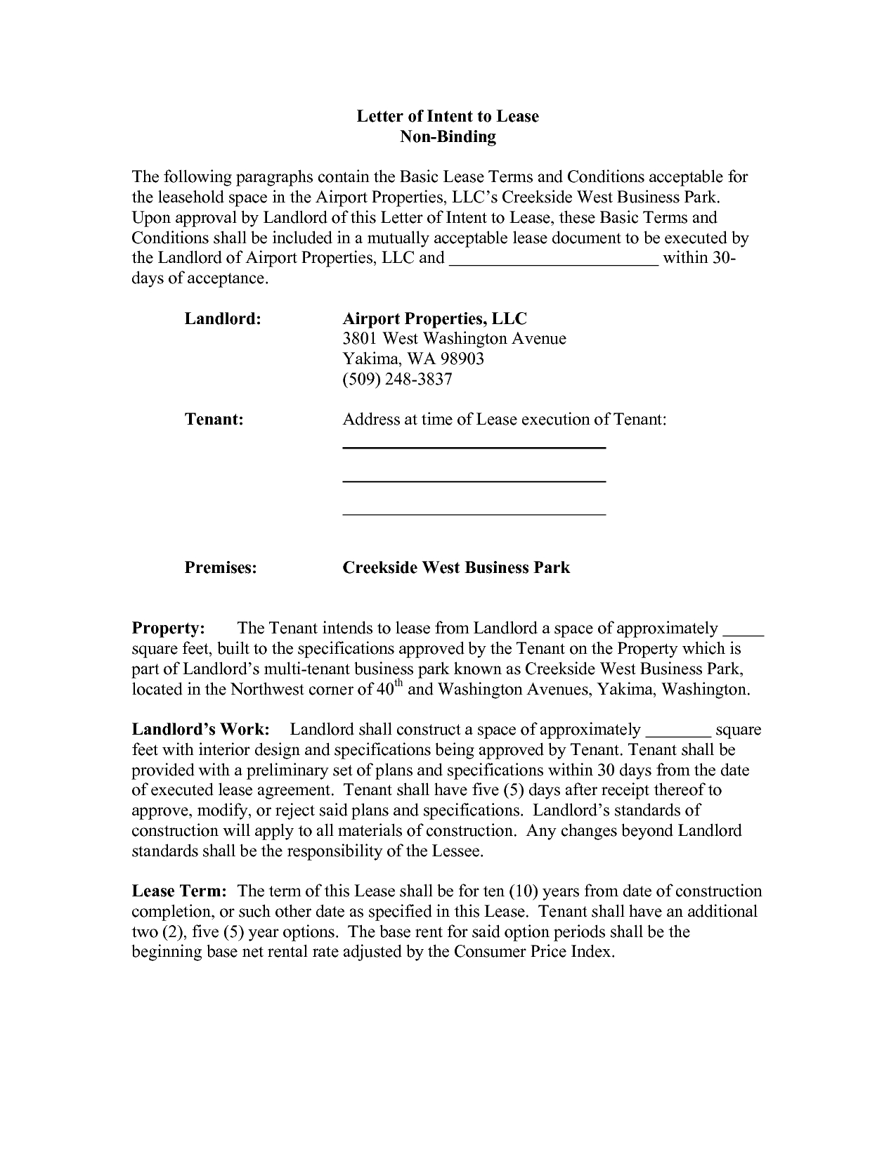 Commercial Real Estate Lease Letter Of Intent Template Examples