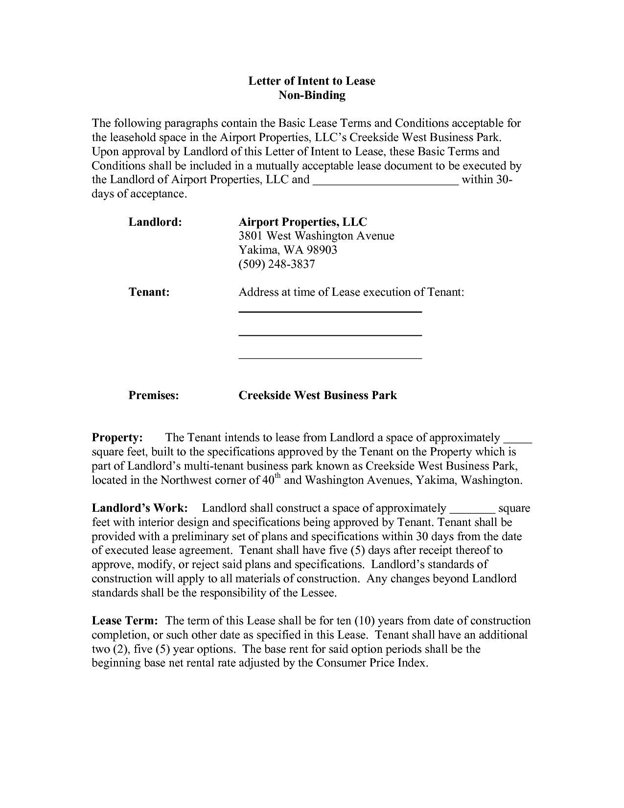 Letter Of Intent Lease Template