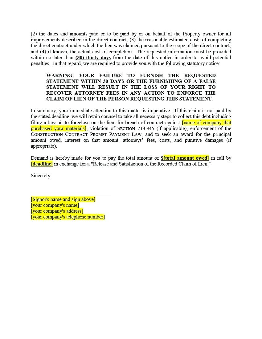 Intent to Lien Letter Template - Sample Letter Intent to Lien Picture Design Example Notice Sue