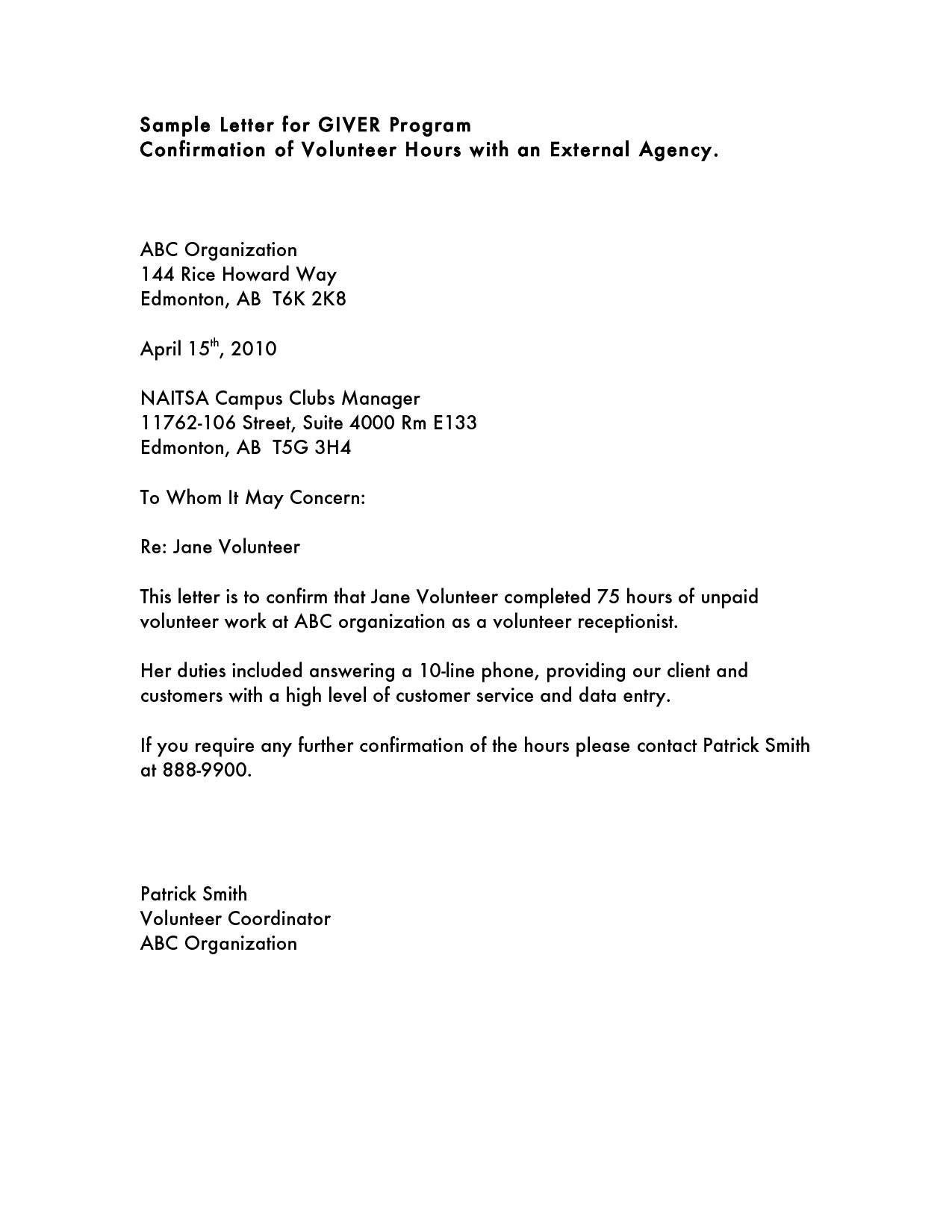 Volunteer Hours Confirmation Letter Template Samples Letter Template 