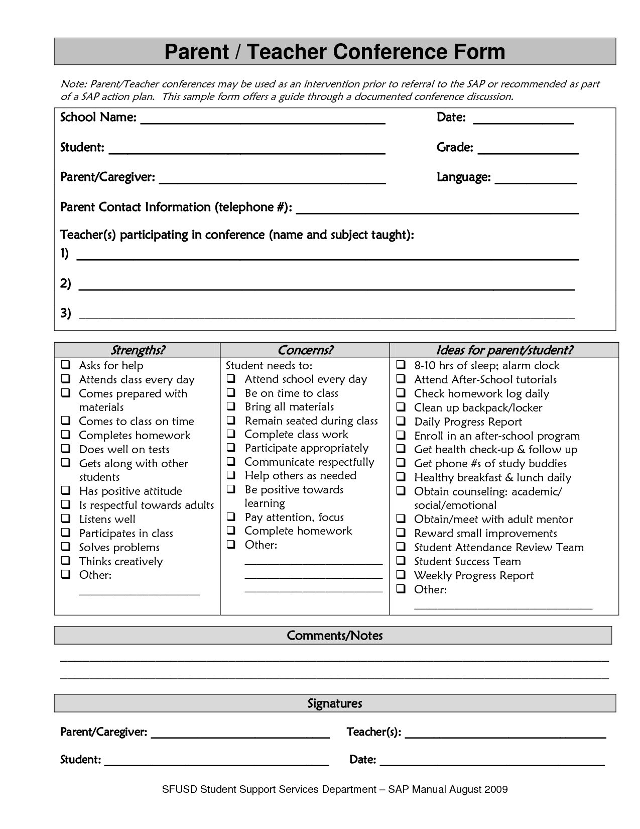 Behavior Letter to Parents From Teacher Template - Sample Parent Teacher Conference form Parent Teacher Conference form