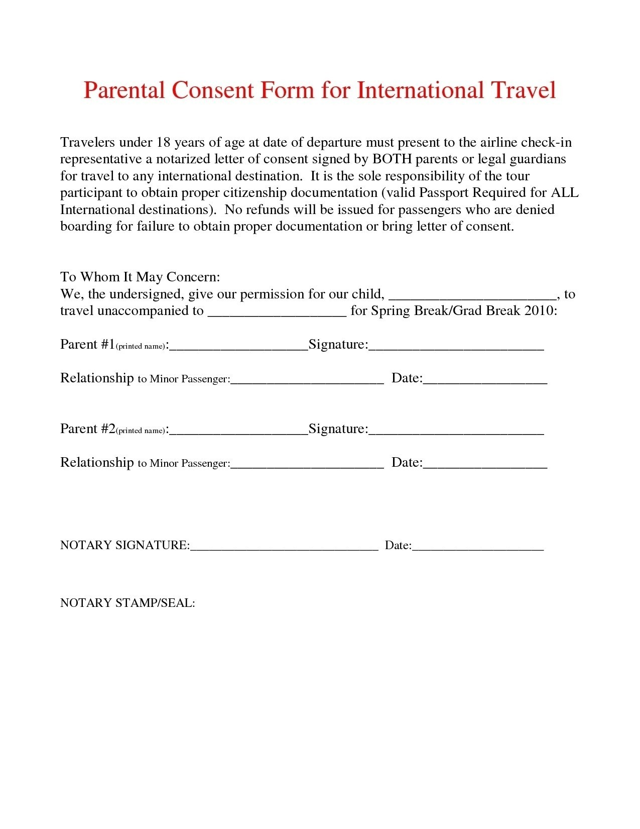 notarized travel consent form for minor
