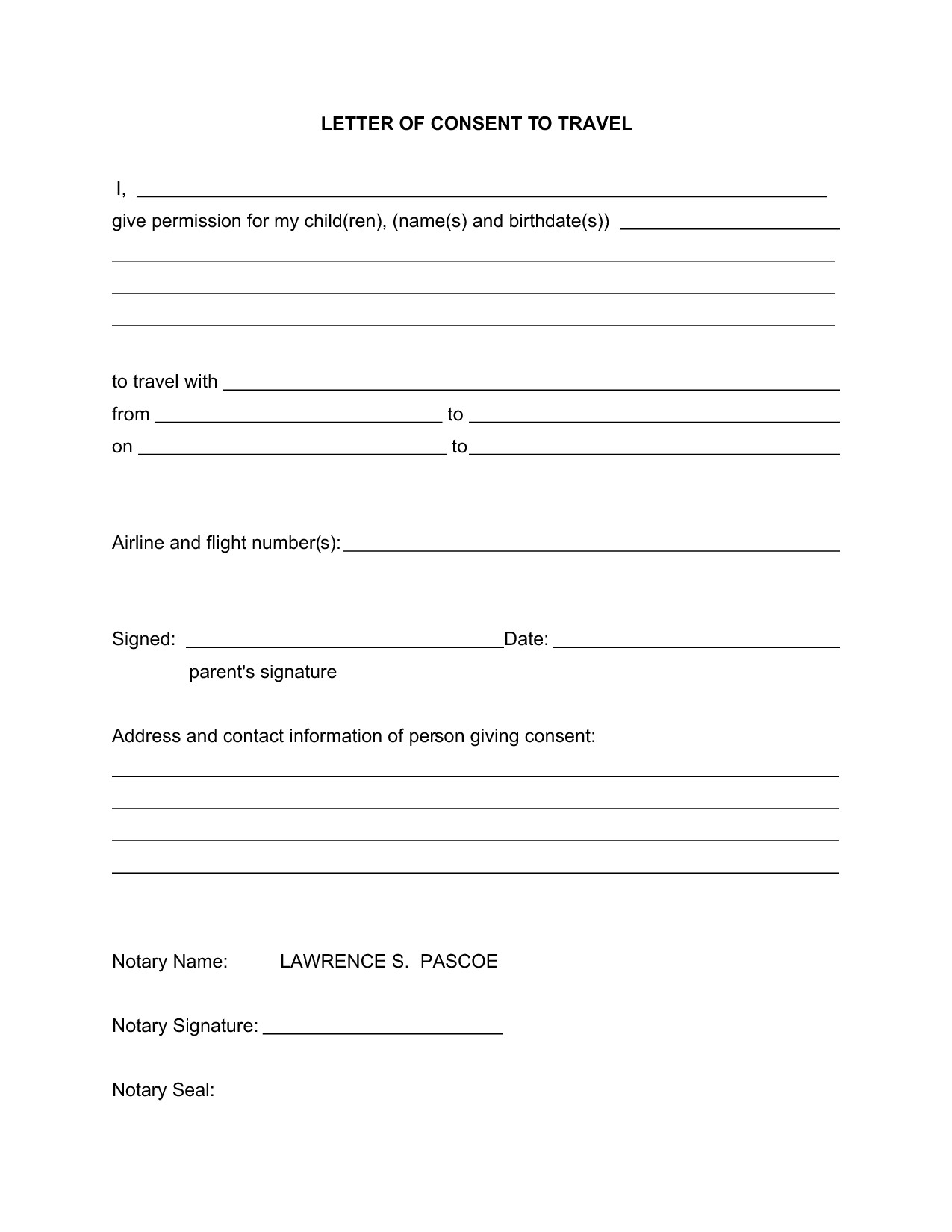 Notarized Travel Consent Letter Template - Sample Permission Letter to Travel Best Notarized Letter