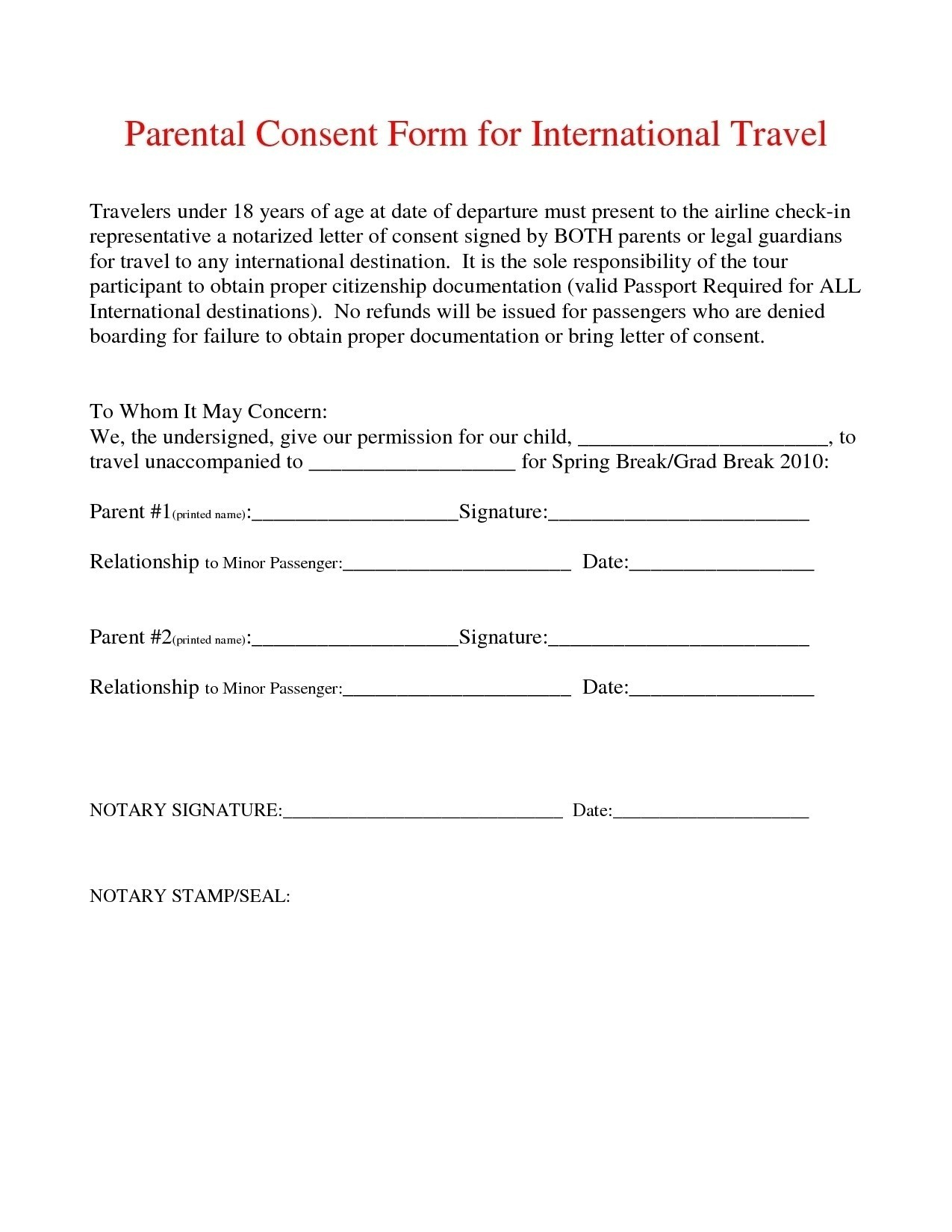 travel consent form for minor with notary