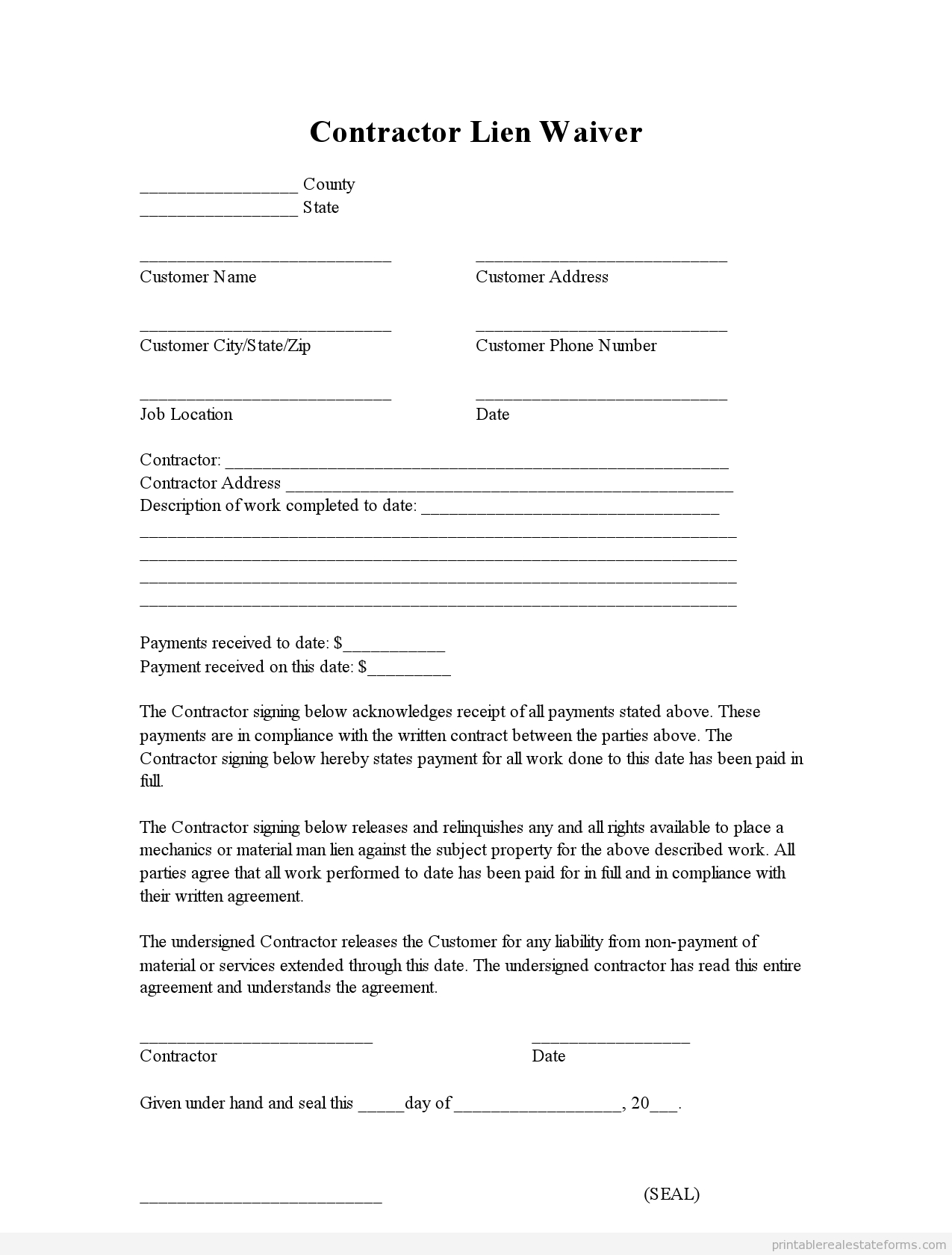 Lien Letter Template - Sample Printable Contractor Lien Waiver form