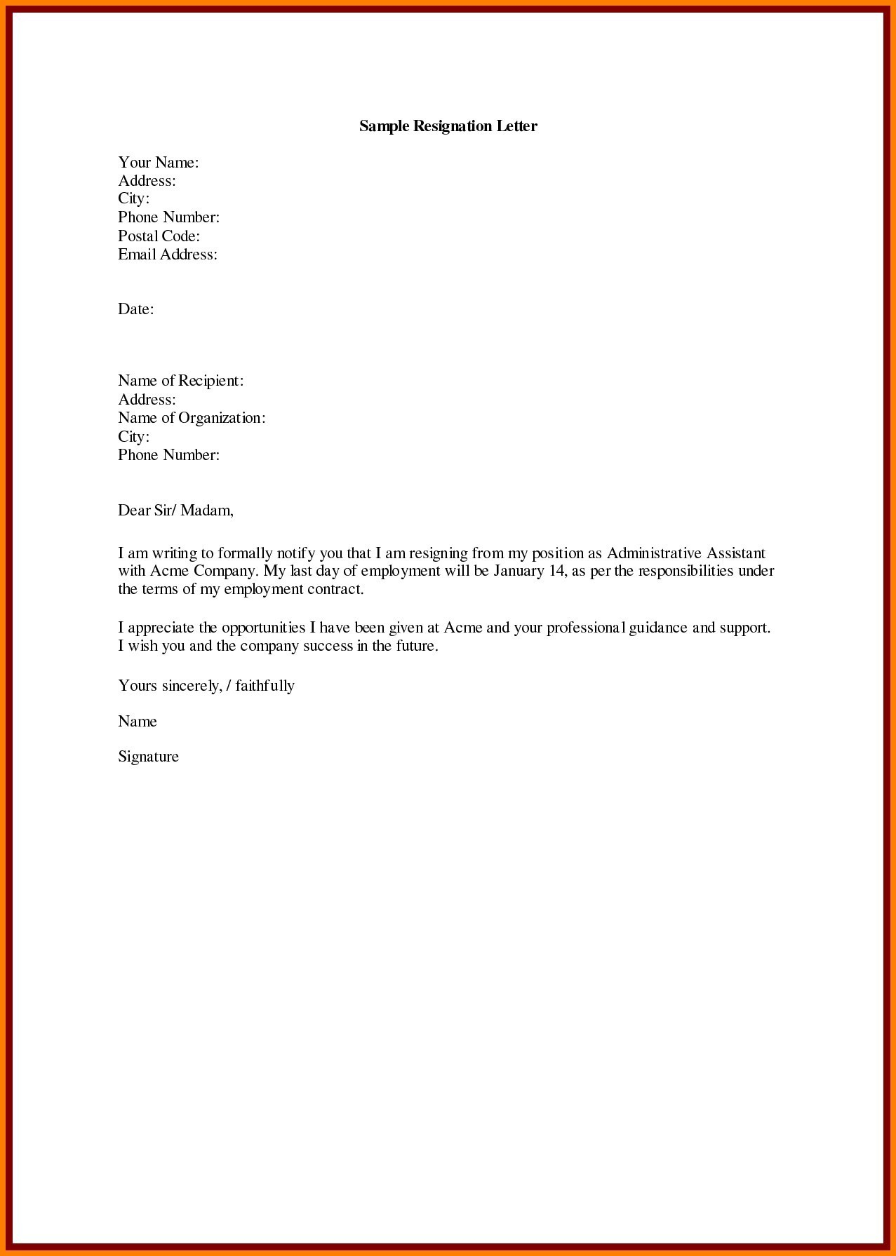 Professional Resignation Letter Template - Sample Resignation Letter Template Doc Copy Samples Resignation