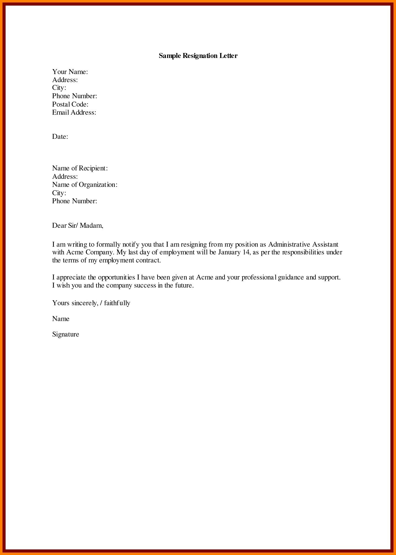 Writing A Resignation Letter Template - Sample Resignation Letter Template Doc Copy Samples Resignation