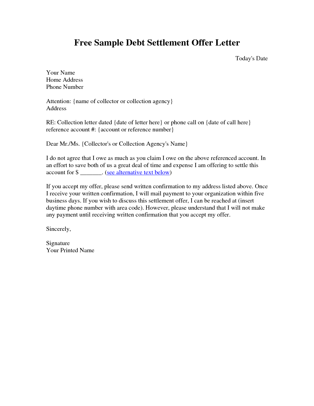 Legal Settlement Offer Letter Template - Sample Settlement Letter Debt Settlement Letter Sample