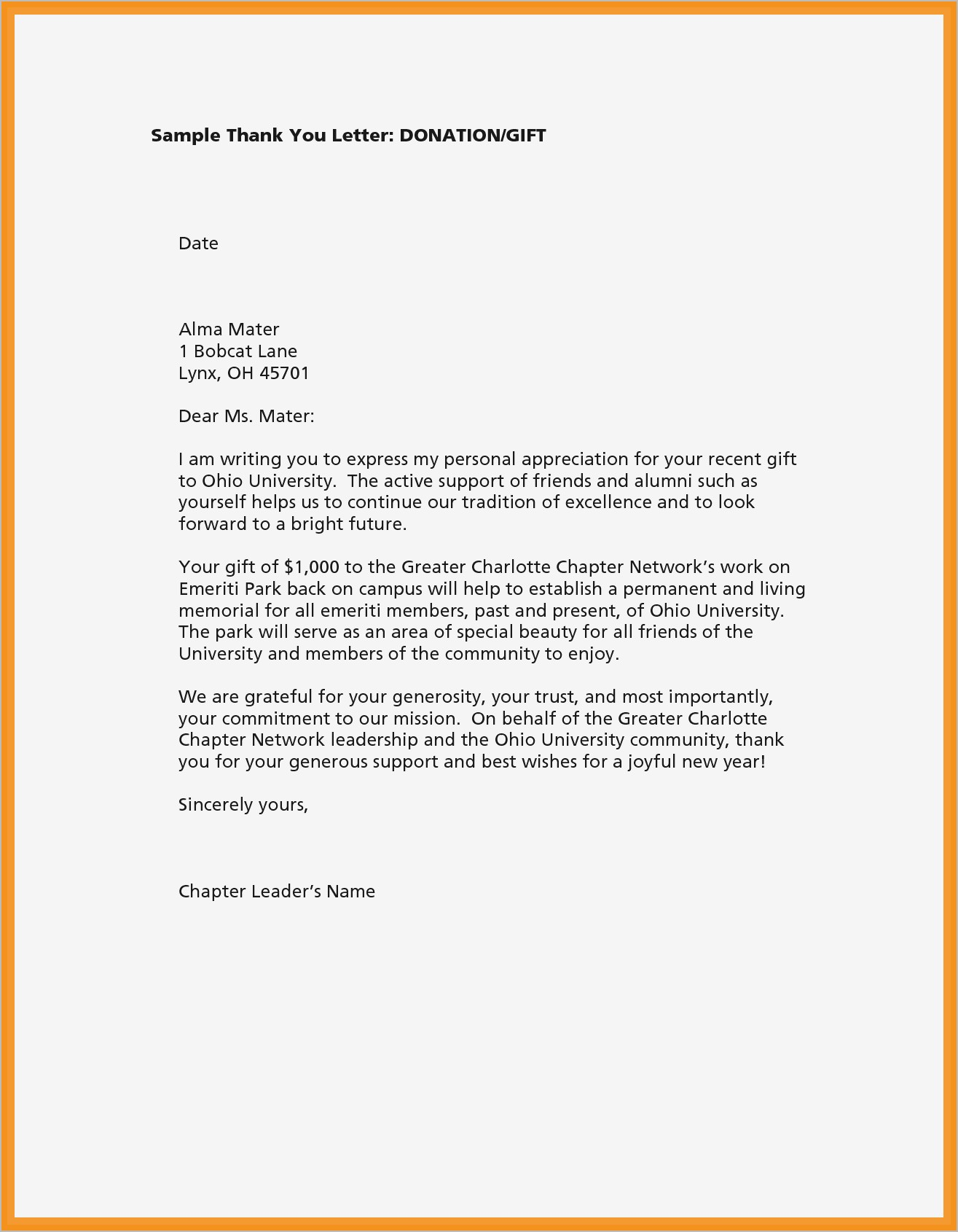 Memorial Donation Letter Template - Sample Thank You Letter for Donation Ideas