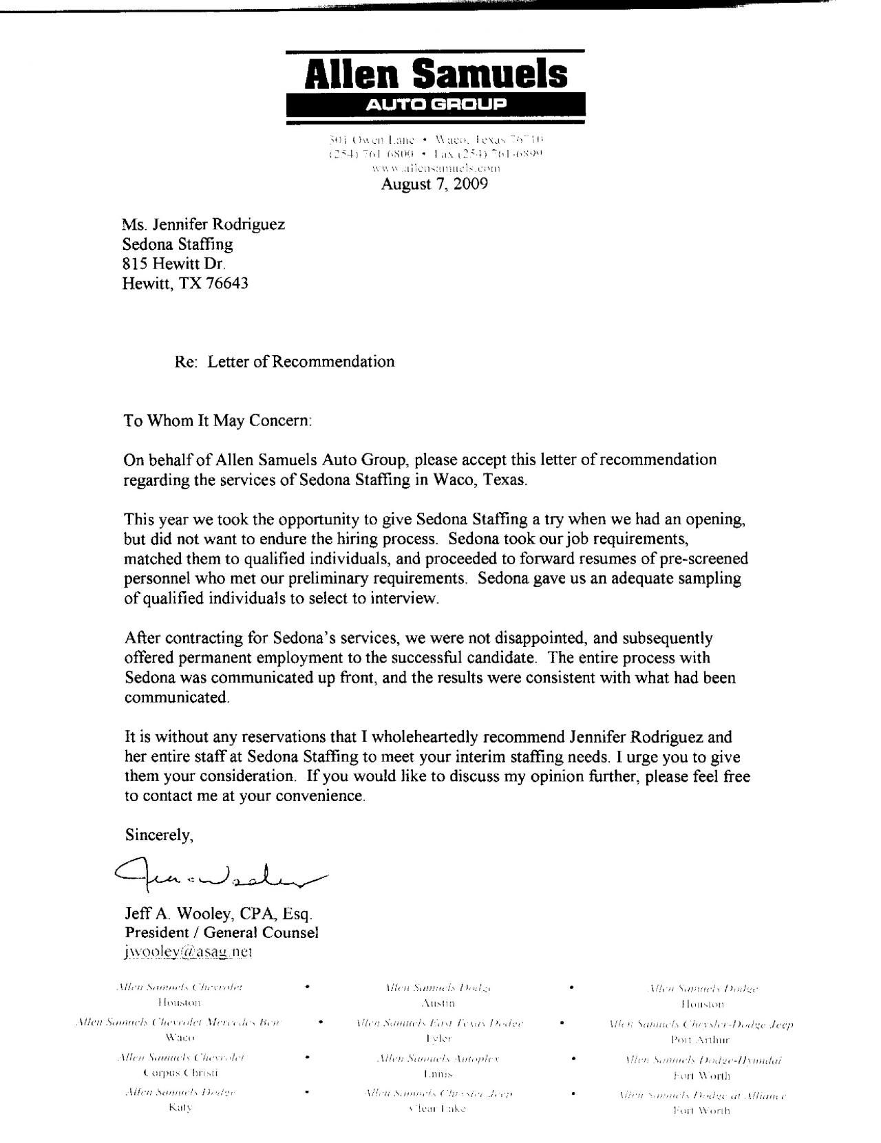 Customer Reference Letter Template - Sedona Staffing Waco Temple Killeen Client Customer