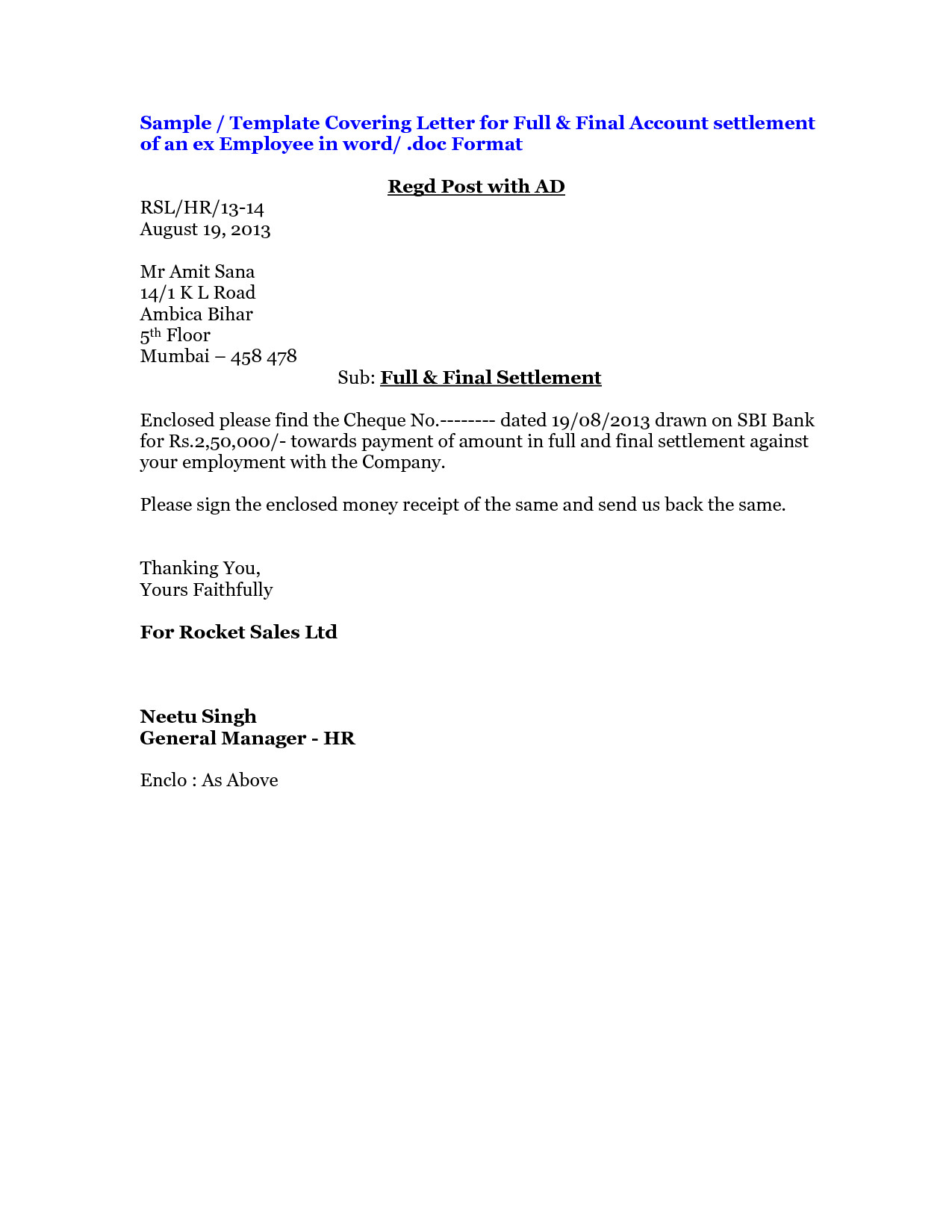 Full And Final Settlement Letter Template Car Accident Examples