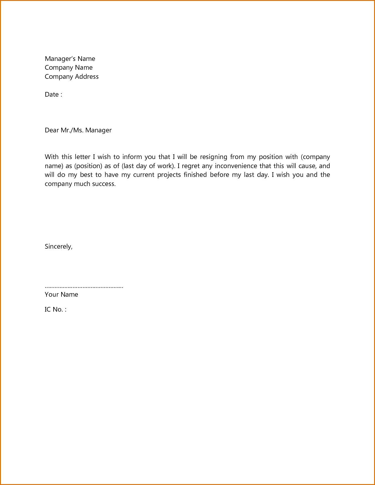 cover letter format for resignation