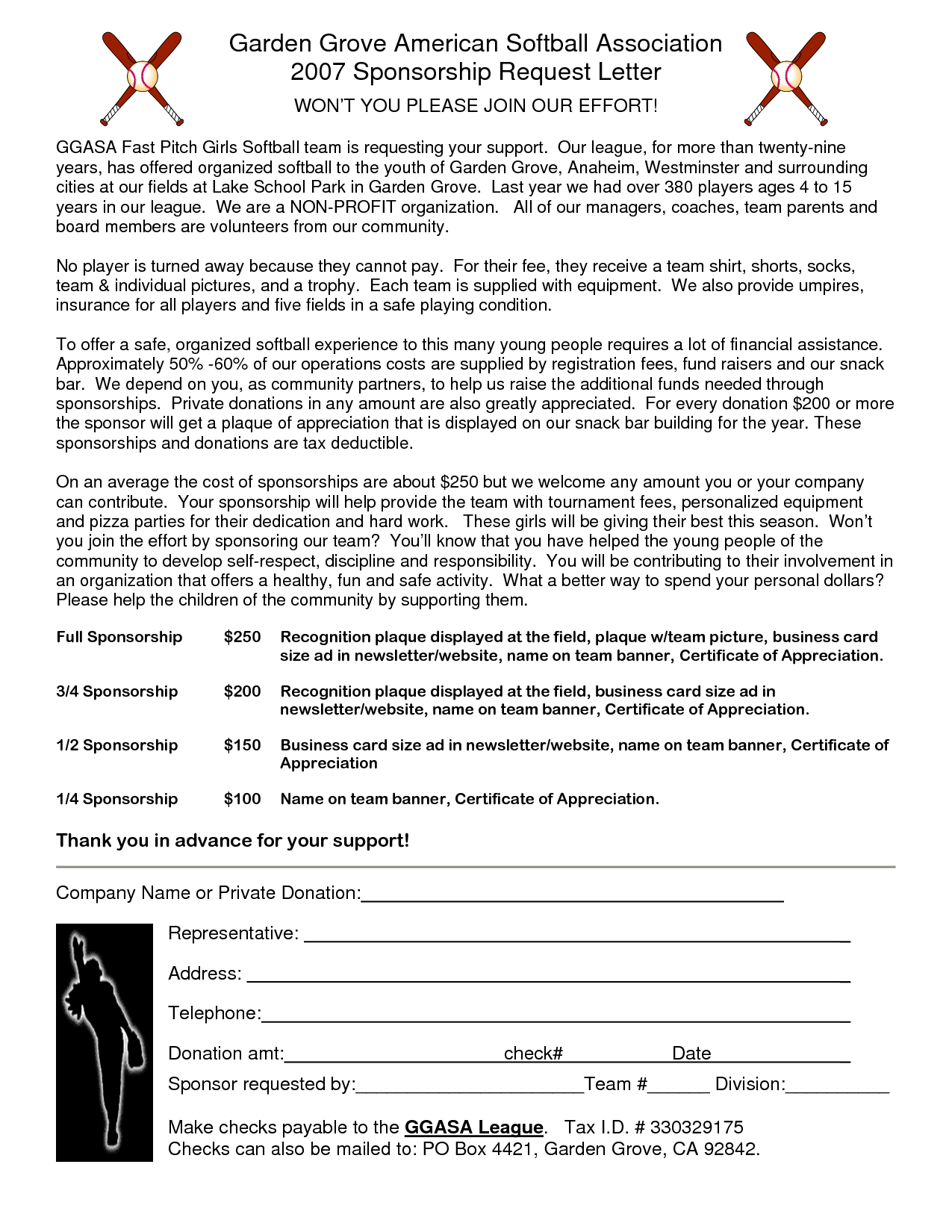 Youth Baseball Sponsorship Letter Template - Sponsorship form Template