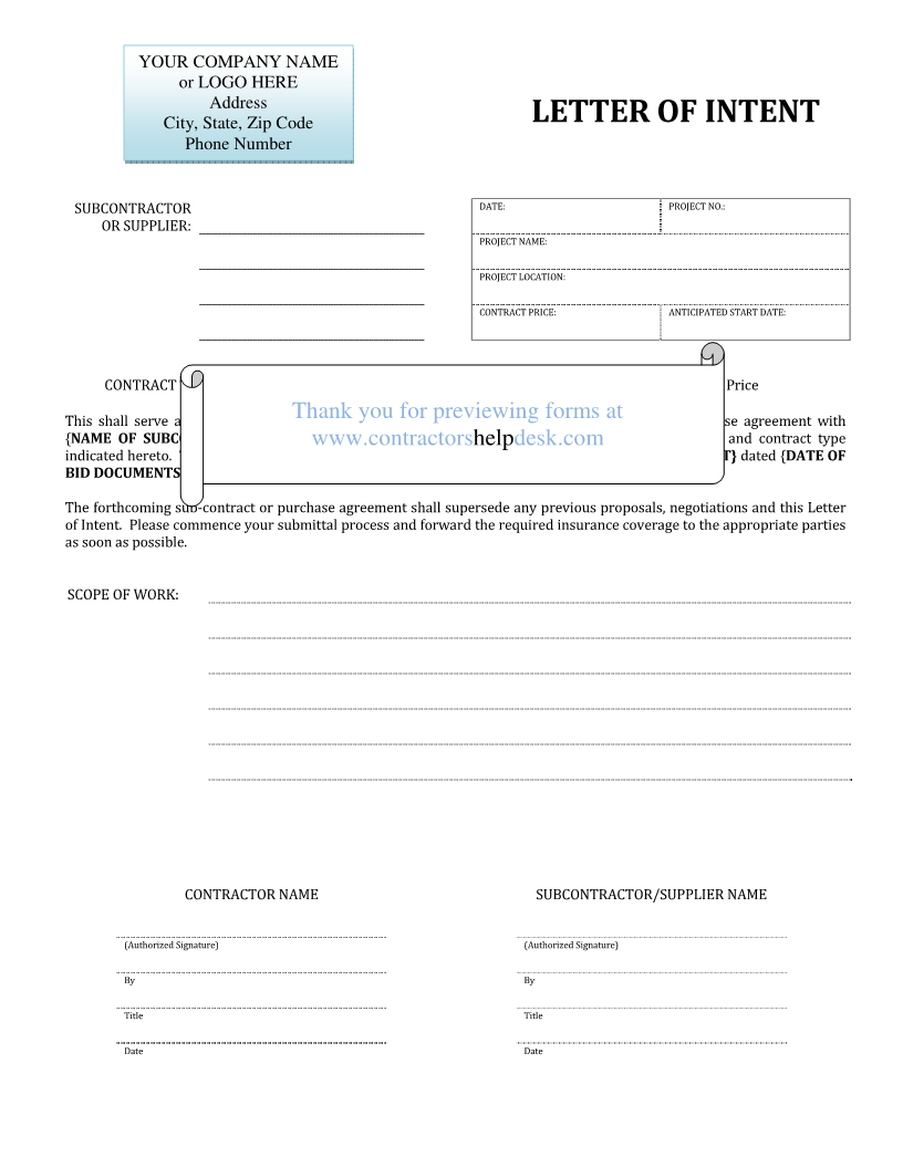 Subcontractor Letter Of Intent Template Examples - Letter Template ...