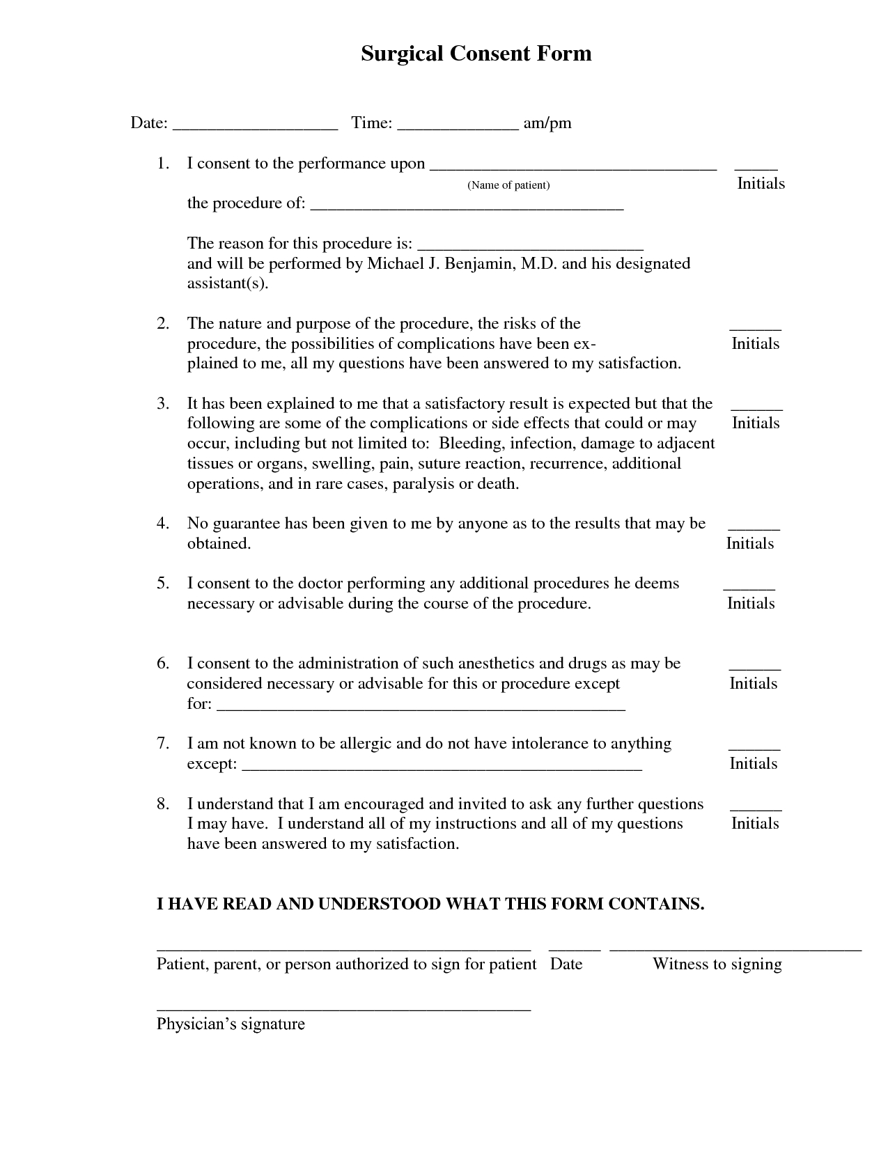 Medical Consent Letter Template - Surgical Consent form Template Consent form Pinterest