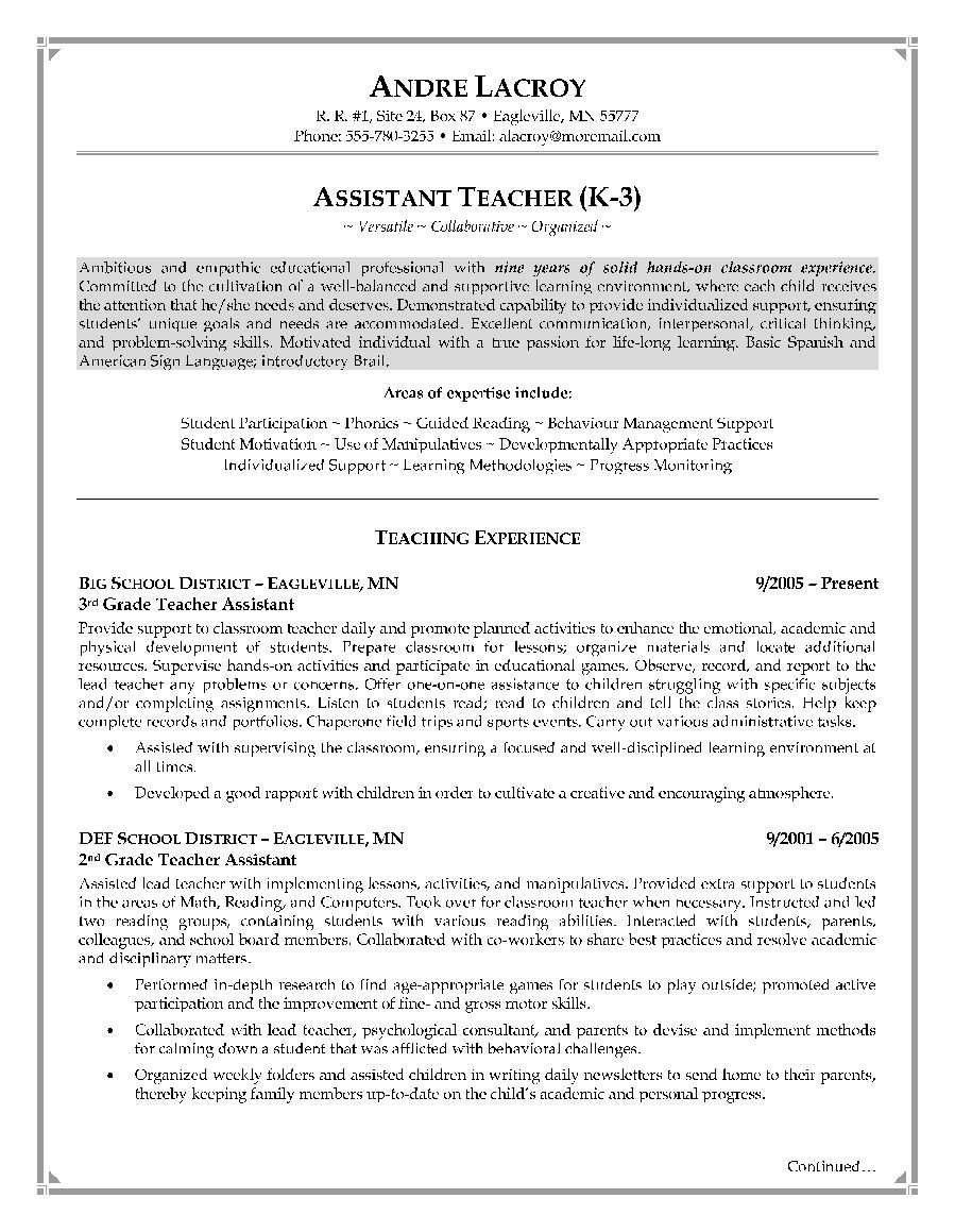 Cover Letter Template for Teaching assistant - Teacher assistant Resume Sample