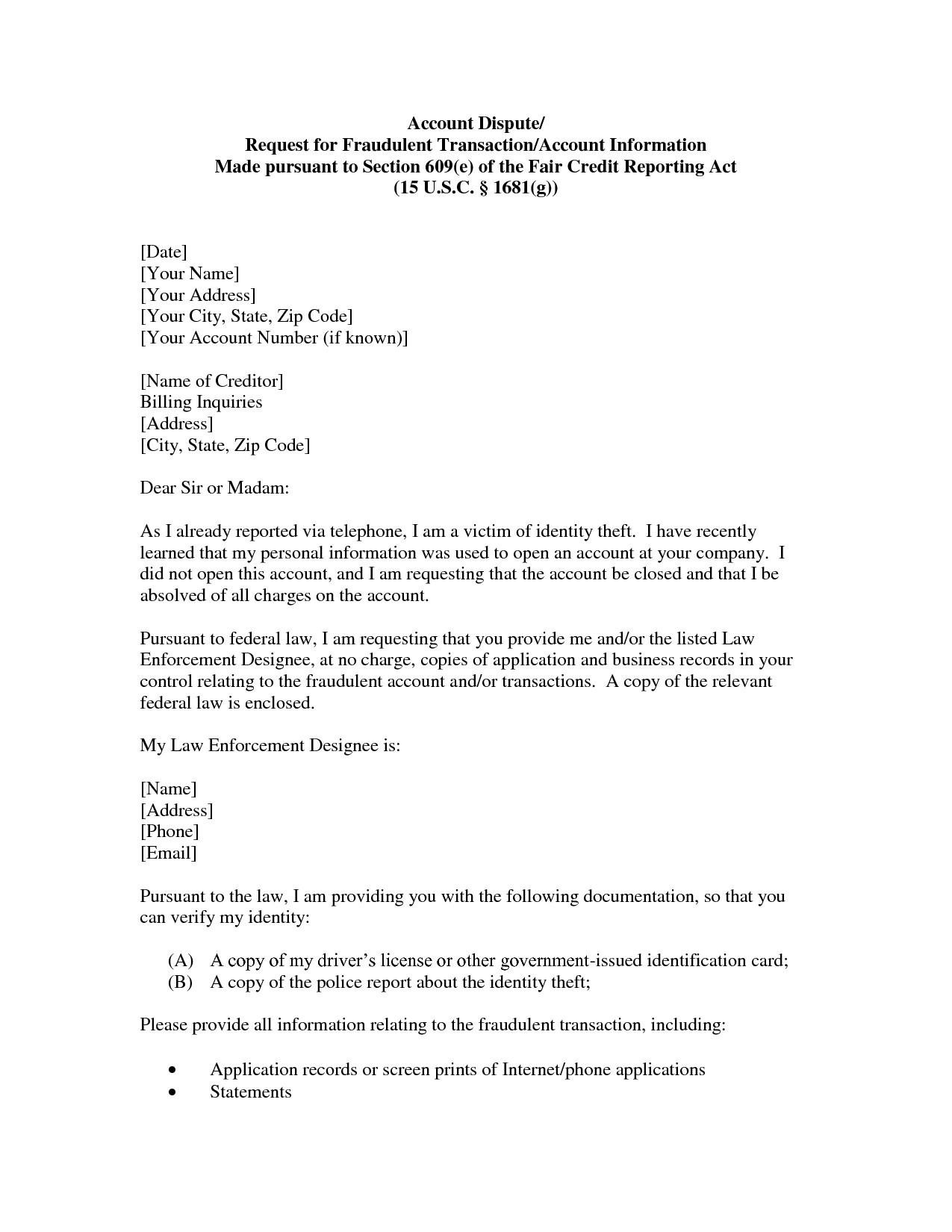 609 Dispute Letter To Credit Bureau Template Examples Letter Template Collection