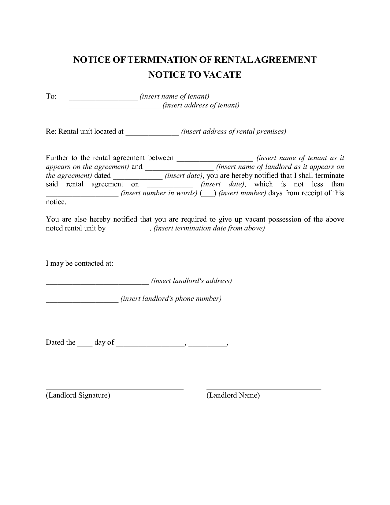 Landlord Notice Letter to Tenant Template - Tenancy Resignation Letter Letter format formal Sample