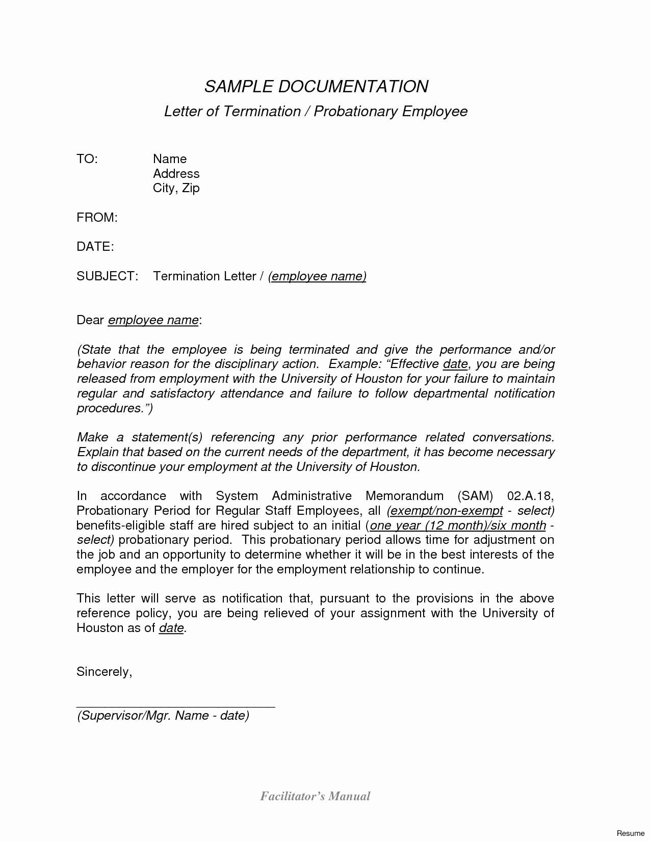 Probation Termination Letter Template - Termination Letter format without Notice Period Valid Termination