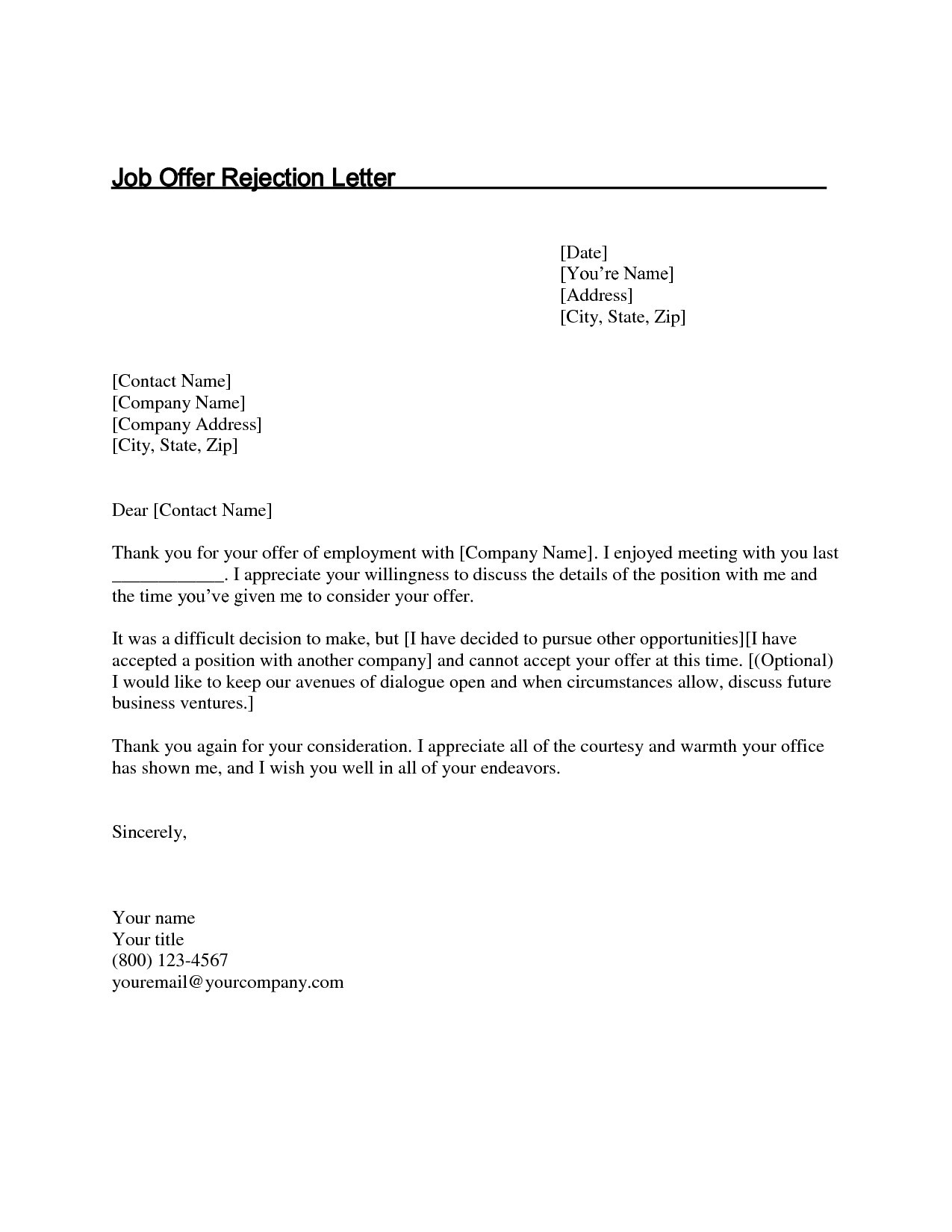 Employment Rejection Letter Template - Thank You Letter after Job Fer Decline Luxury New Rejection Letter