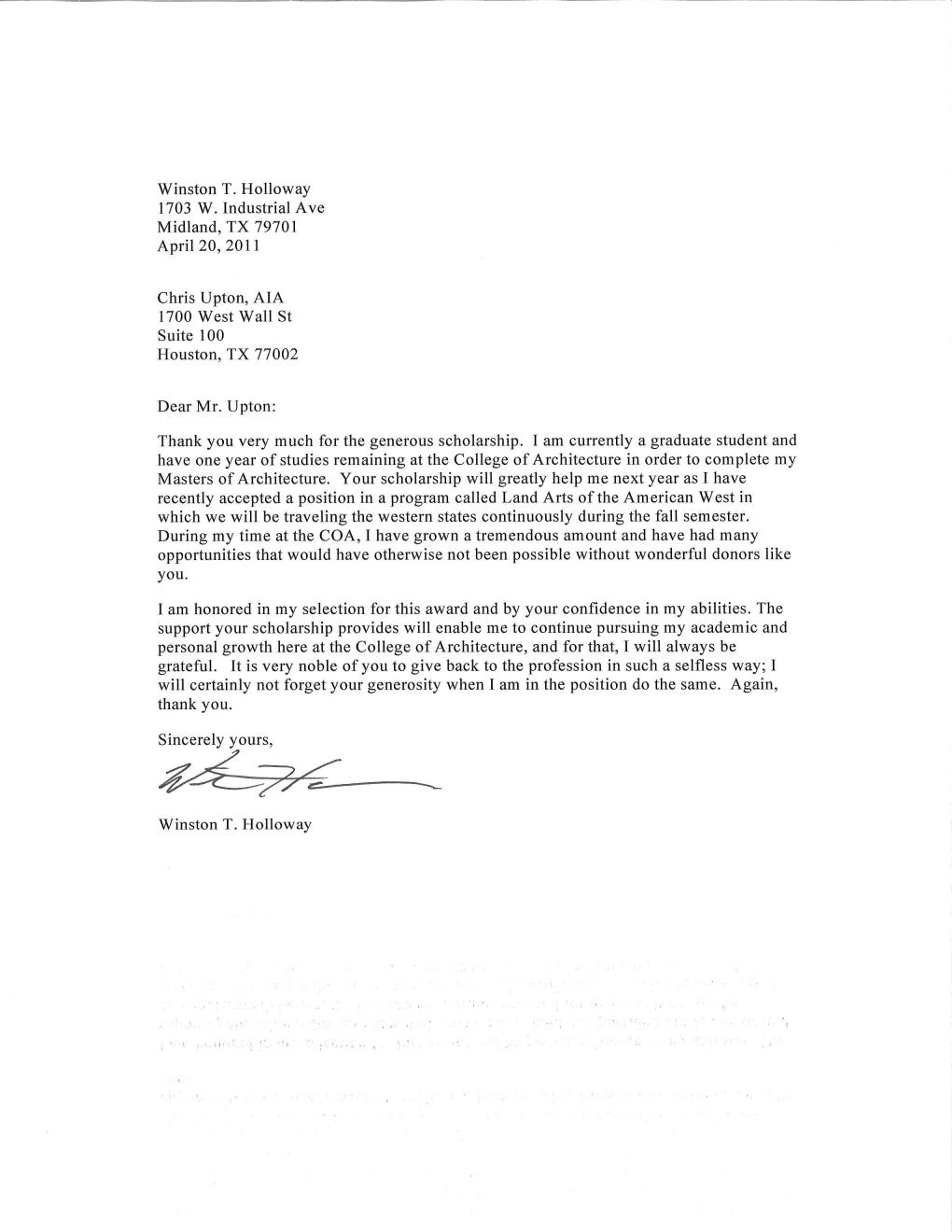 Scholarship Thank You Letter Template - Thank You Letter for Scholarship format Letter format