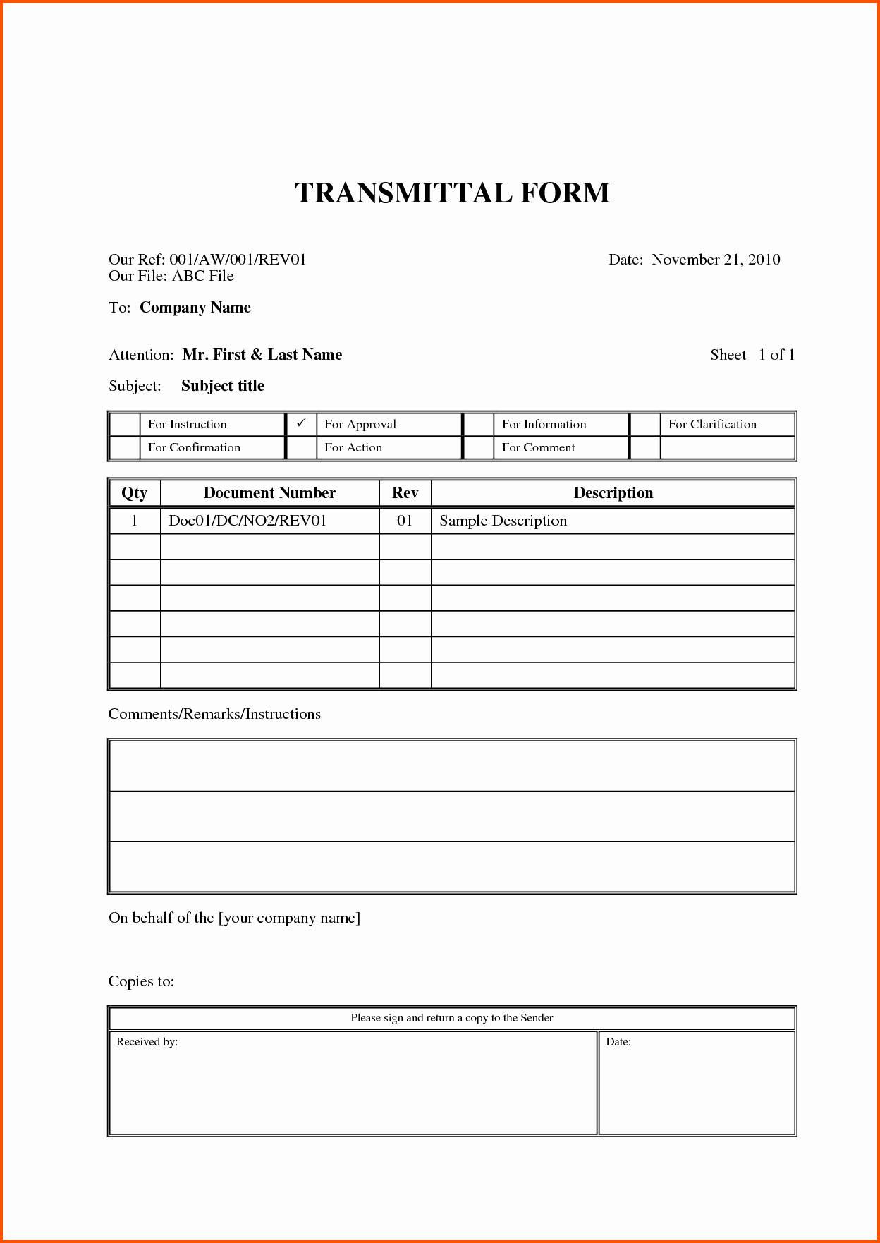 Letter Of Transmittal Template Doc - Transmittal form Sample Template New Construction Transmittal Letter