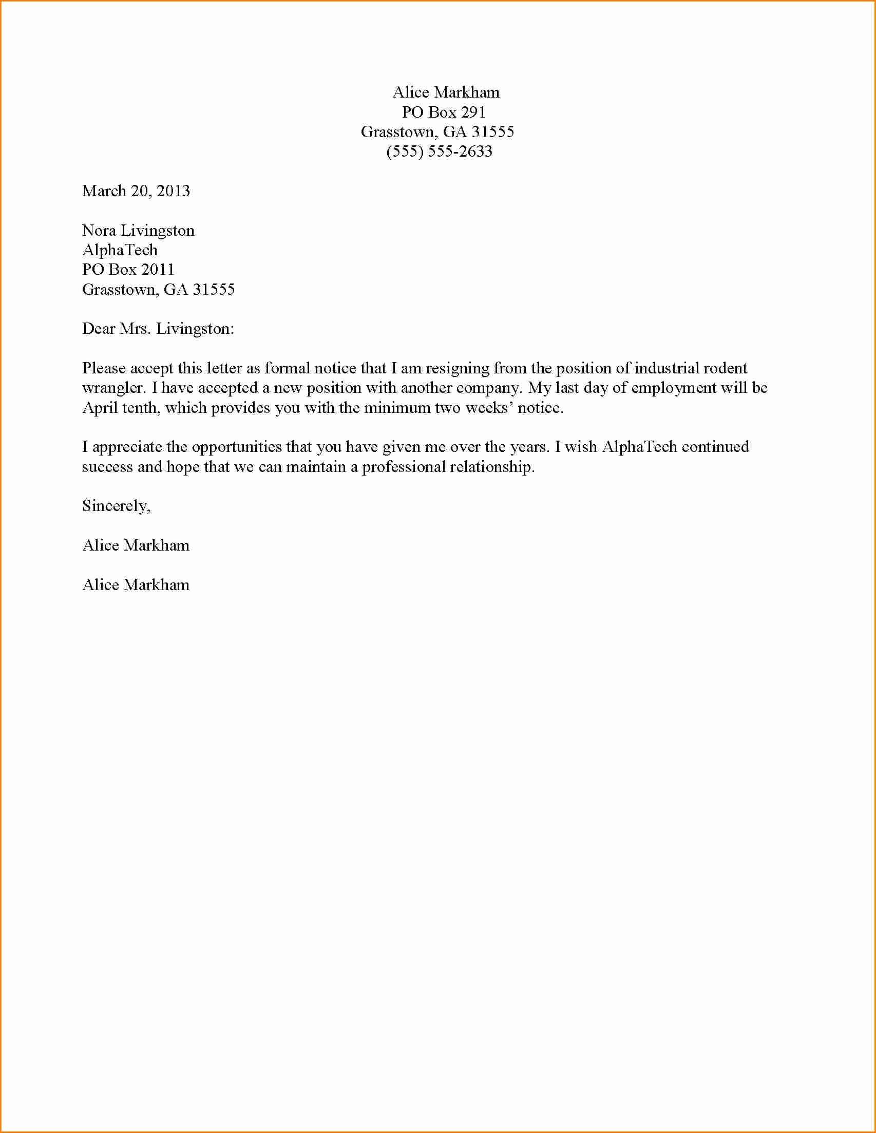 Resignation Letter Template - Two Weeks Resignation Letter Template Beautiful formal Resignation