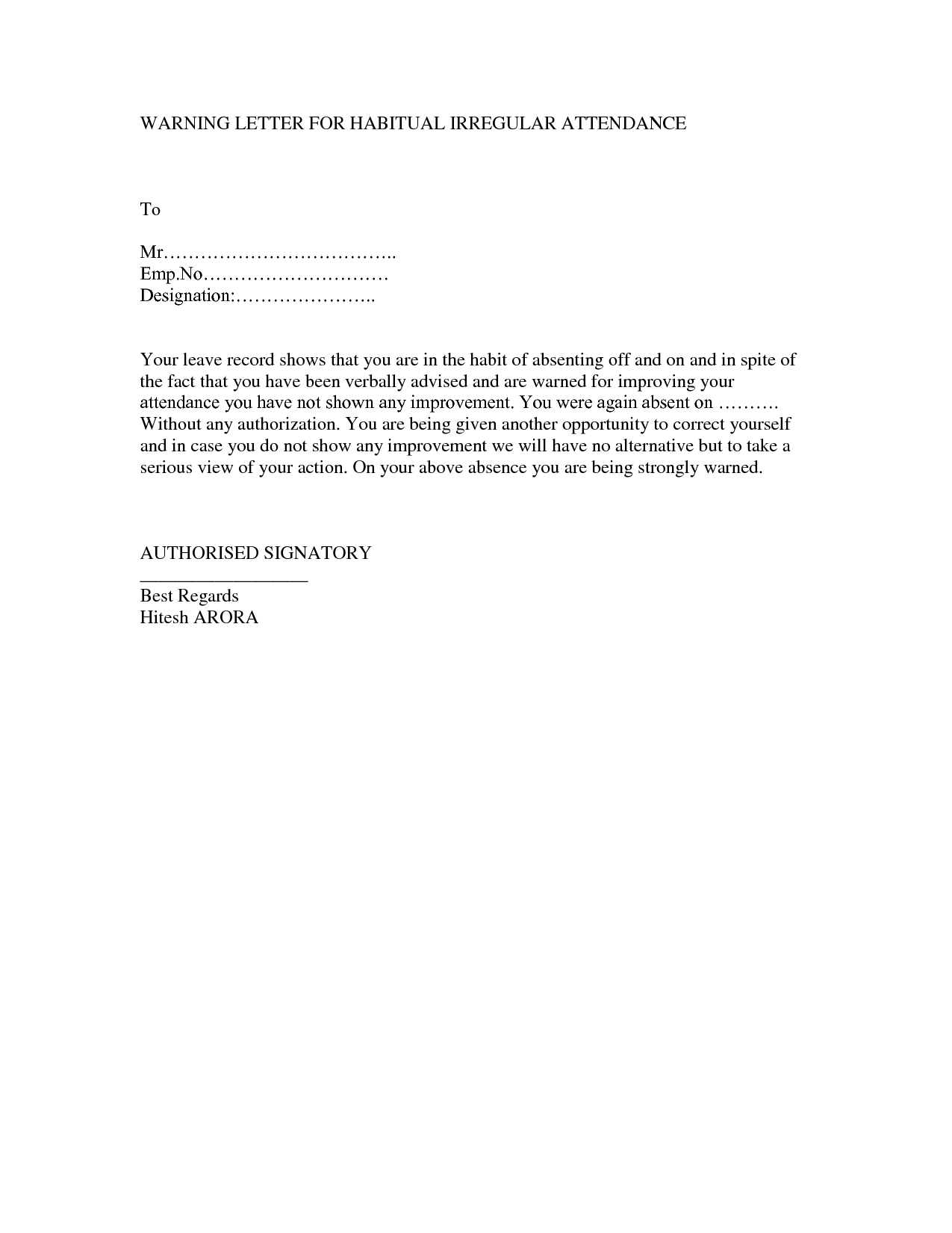 Warning Letter For Irregular Attendance Citehr Diets That Of Attendance Letter Template 