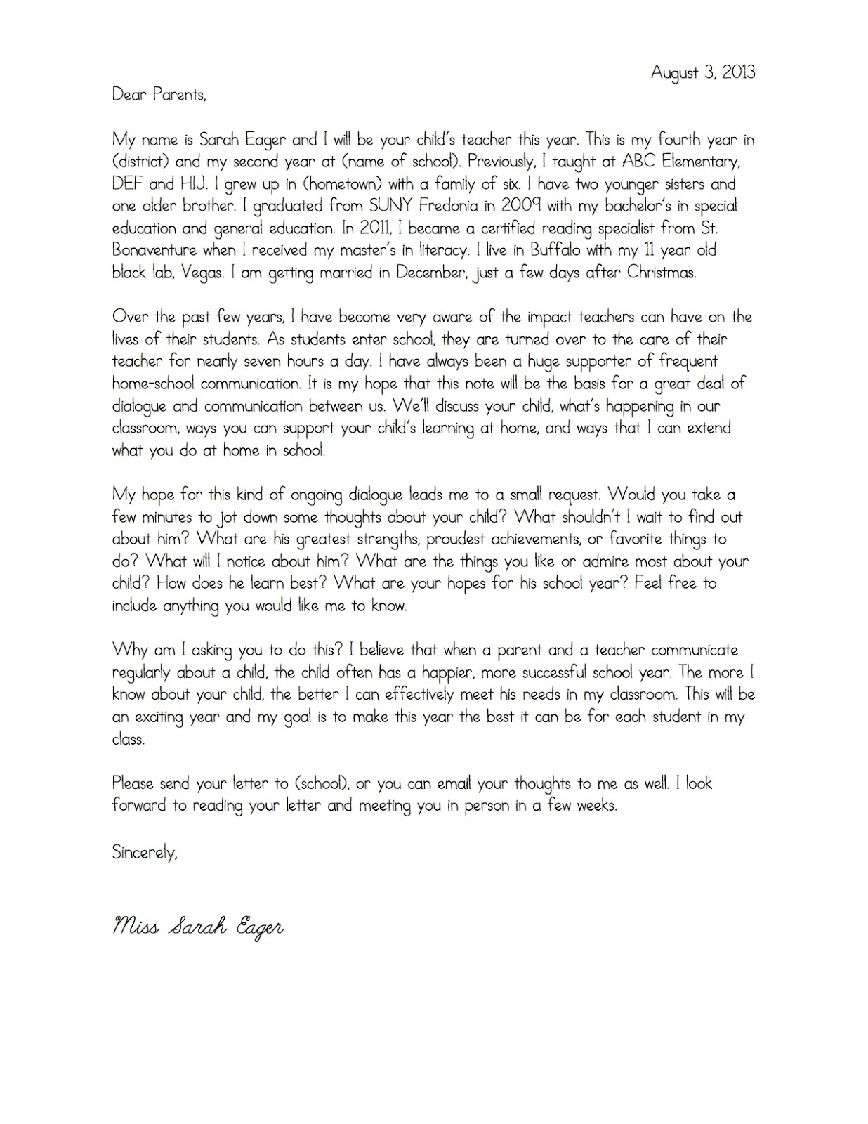 Welcome Letter To Parents From Teacher Template