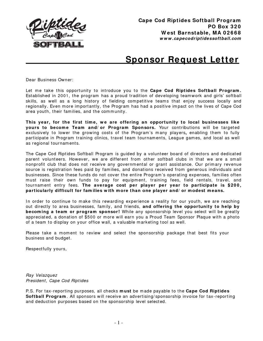 travel baseball fundraising letter